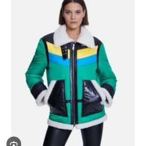 NWT Furniq UK Vibrant women's winter jacket featuring green, blue, yellow,